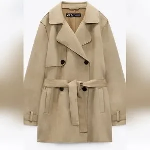 ★ZARA★ SHORT FAUX SUEDE TRENCH COAT ZARA WOMEN FAUX SUEDE BELTED SHORT TRENCH COAT BEIGE M NWT
